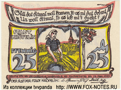 Reutergeld der Stadt Kröpelin. 1922. 25 Pfennig. NOTGELD