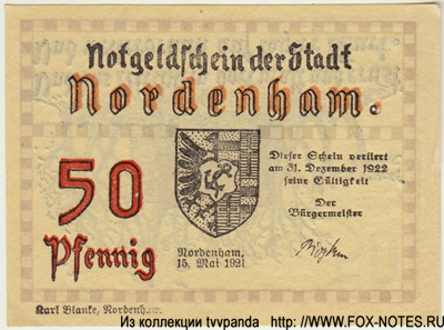 Notgeldschein der Stadt Nordenham. 50 Pfennig