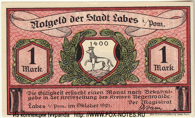 Notgeld der Stadt Labes i./Pom. Oktober 1921. 1 марка.