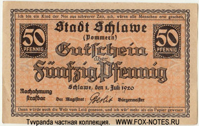Gutschein der Stadt Schlawe. 50 Pfennig 1. Juli 1920. NOTGELD