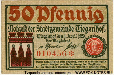 Notgeld der Stadtgemeinde Tiegenhof. 1. April 1920.