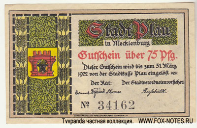 Stadt Plau am See 75 Pfennig 1921. NOTGELD