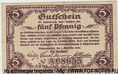 Gemeinde Klostermansfeld 5 Pfennig 1920 NOTGELD