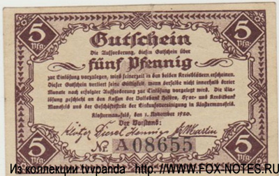 Gemeinde Klostermansfeld 5 Pfennig 1920 NOTGELD