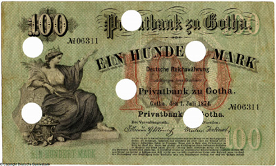 Privatbank zu Gotha Banknote. 100 Mark. 1. Juli 1874.