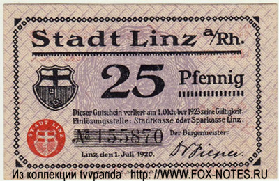 Stadt Linz am Rhein 25 pfennig 1920 notgeld нотгельд Германии