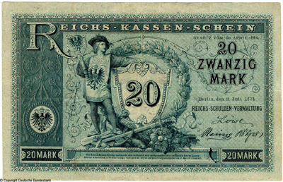 Reichsschuldenverwaltung Reichskassenschein. 20 Mark. 11. Juli 1874. Deutsches Reich