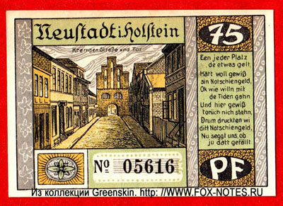 Gutschein von Neustadt in Holstein. 75 Pfennig. Notgeld
