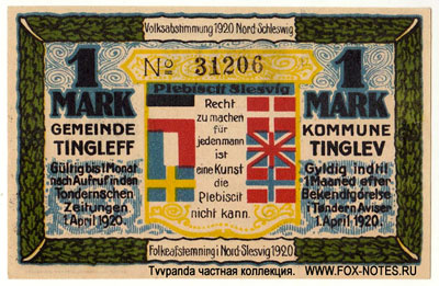Gemeinde Tingleff 1 Mark 1920 Notgeld