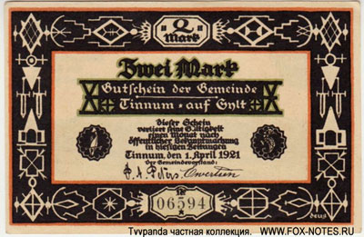 Gemeinde Tinnum 2 Mark 1921 Notgeld