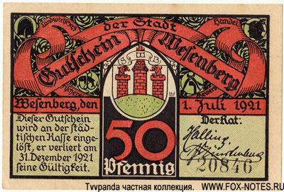 Gutschein der Stadt Wesenberg. 1. Juli 1921. 50 Pfennig Notgeld