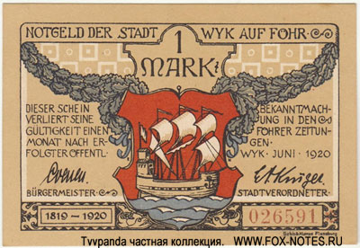 Notgeld der Stadt Wyk auf Föhr. Juni 1920. 1 Mark.