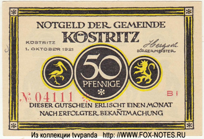 Notgeld der Gemeinde Köstritz. 1. Oktober 1921. 50 Pfennig.