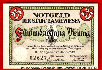 Notgeld der Stadt Langewiesen.  1921. 25 Pfennig