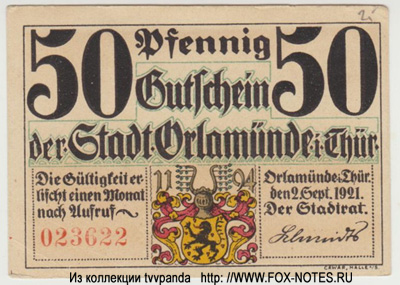 Stadt Orlamünde 50 Pfennig 1920 / NOTGELD
