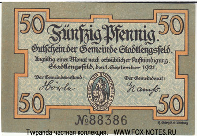 Gutschein der Gemeinde Stadtlengsfeld. 50 Pfennig 1921. NOTGELD