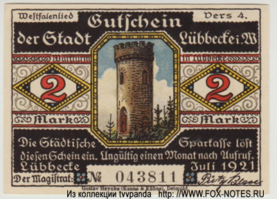 Gutschein der Stadt Lübbecke. 25  1921.  