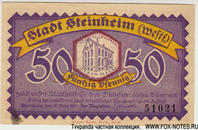 Stadtkasse Steinheim 50 Pfennig 1921 Notgeld