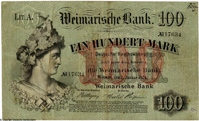 Weimarische Bank Banknote. 100 Mark. 1. Januar 1874.