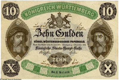Württembergische Notenbank Königl. Württembergisches Papiergeld.  10 Gulden. 1. Dezember 1871.