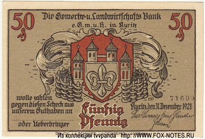 Gewerbe Landwirtschafts Bank Kyritz 50 Pfennig 1921 NOTGELD