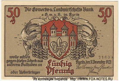 Gewerbe Landwirtschafts Bank Kyritz 50 Pfennig 1921 NOTGELD