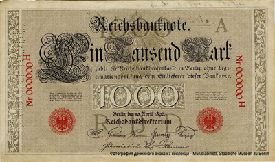 Reichsbanknote. 1000 Mark. 10. April 1896. DRUCKPROBE