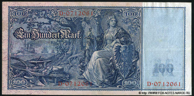   (Reichsbanknote) 100  10. September 1909.  1908 Flotten-Hunderter. 