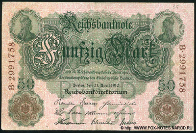Reichsbanknote. 50 Mark. 21. April 1910.    