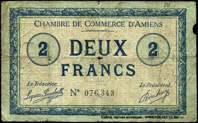 Chambre de Commerce D'Amiens 2 Francs 1920