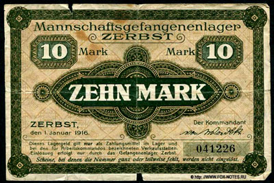 Mannschafgefangenenlager Zerbst 10 Mark 1916. NOTGELD