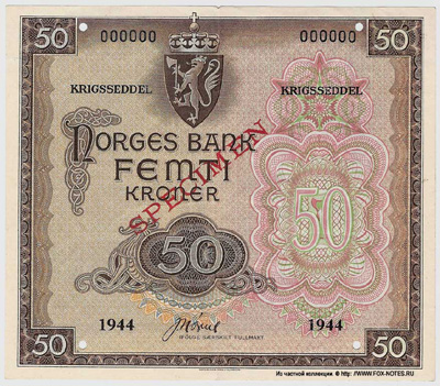 NORGES BANK Krigsseddel 50  1944  