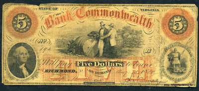 Bank of Commonwealth (State of Virginia) 5 Dollars 1858