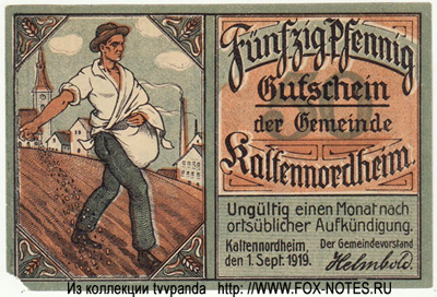 Gutschein der Gemeinde Kaltennordheim. 50 Pfennig 1919.