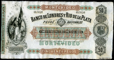  Banco de Londres y Rio de la Plata 50 Pesos = 5 Doblones 1872