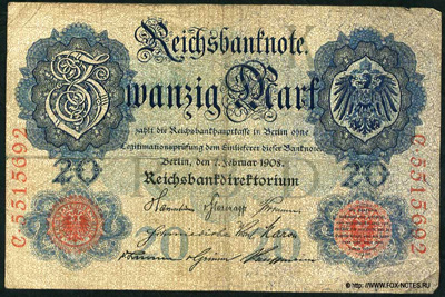 Reichsbanknote. 20 Mark. 7. Februar 1908.  