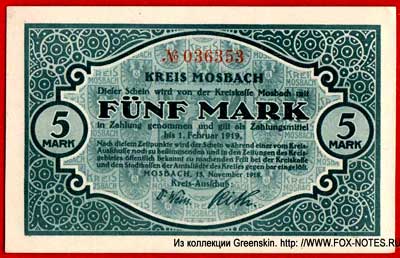 Kreis Mosbach 5 Mark 1918 Notgeld