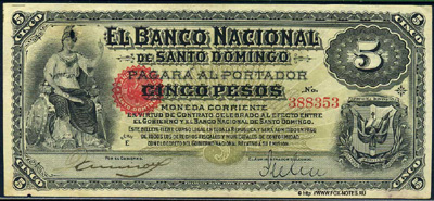 El Banco Nacional de Santo Dominicano 5 Peso 1889