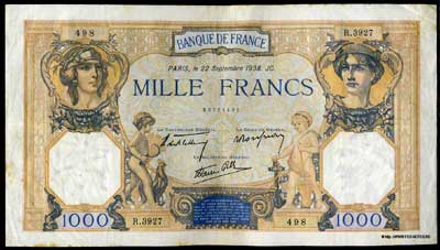 Banque de France 1000 франков тип 1927 г. "Cérès et Mercure"