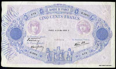 Banque de France 500 francs 1938 H. de Bletterie Roussean Favre-Gilli.