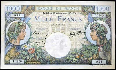 Banque de France 1000 Francs 1940 Bletteri Roussean Favre-Gilli