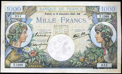 Banque de France 1000 франков тип 1939 г. "Commerce et Industrie"