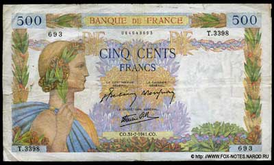 Banque de France 500 francs 1941 J.Belin Roussean Favre-Gilli
