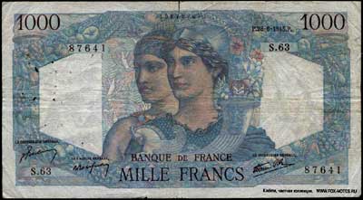Banque de France 1000 francs 1945 J.Belin P.Rousseau R.Favre-Gilli.