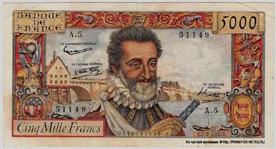 Banque de France 5000 francs 1957  J.Belin G.Gouin d'Ambrieres  R.Favre-Gilli P.Gargam