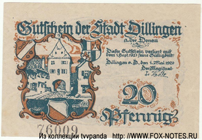 Gutschein der Stadt Dillingen. 1. Mai 1920.