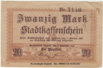 Stadt Fürstenwalde Spree. 20 Mark. 1918 notgeld