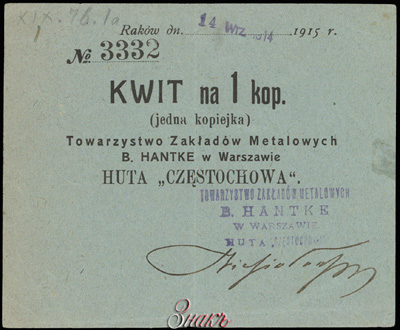 Towarzystwo Zakladow Metalowych B. HANTKE, HUTA CZESTOCHOWA.  1  1914 .