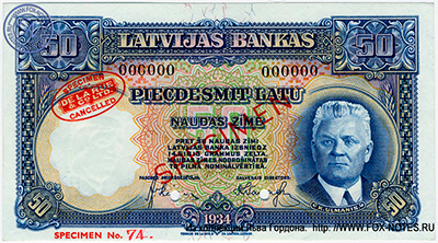 Latvijas Bankas.  50 Latu 1934. SPECIMEN TDLR