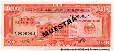 Banco Central de la República Dominicana 100 Peso Oro 1964 MUESTRA